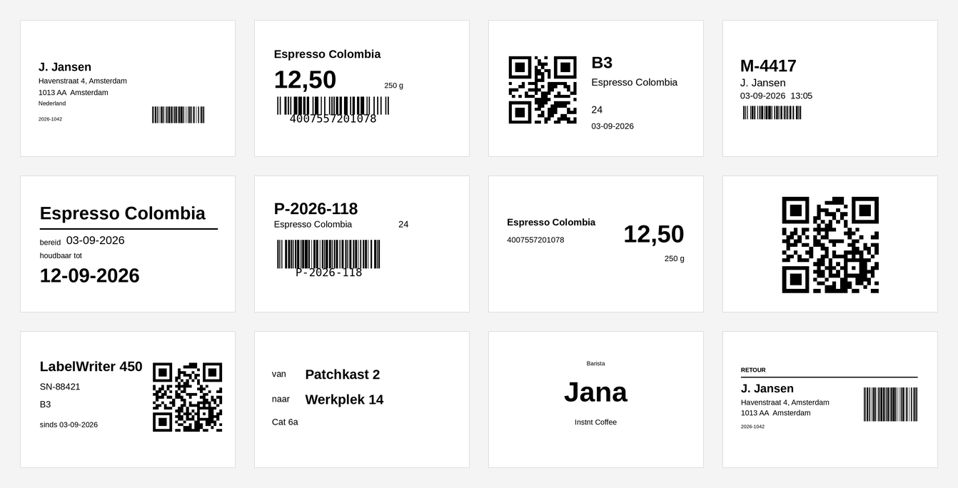 Een raster van twaalf kant-en-klare labelsjablonen: adres, schap, bak, monster, houdbaarheid, partij, prijskaartje, QR, apparaat, kabel, naambadge en retour