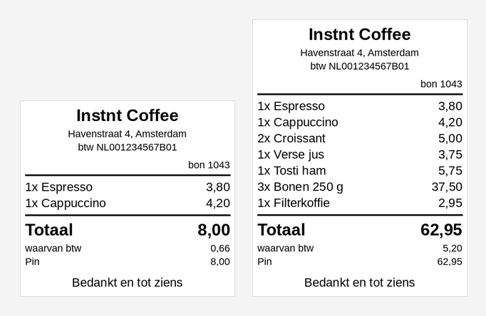 Hetzelfde bonsjabloon twee keer geprint: één met twee regels, één met zeven, allebei met een kloppend totaal