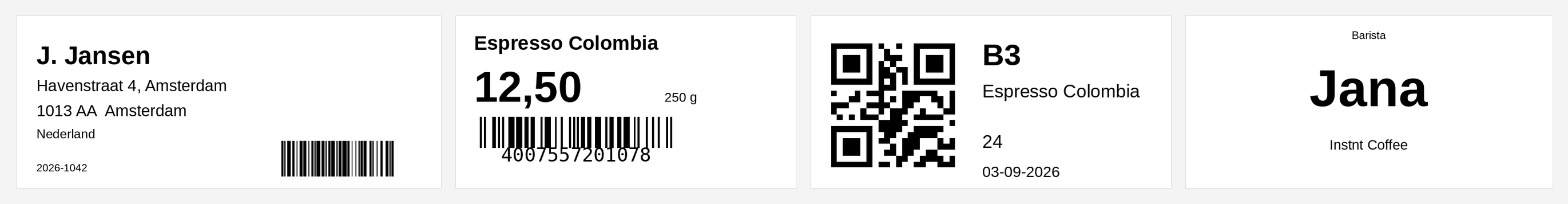 Vier geprinte labels naast elkaar: een adreslabel, een schaplabel met streepjescode, een baklabel met QR-code en een naambadge